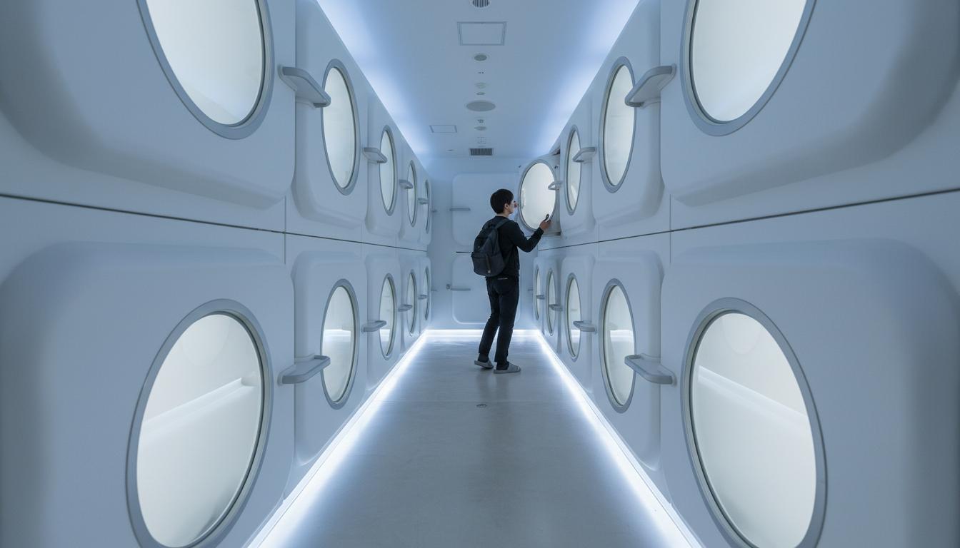 Interior of a Japanese capsule hotel with rows of white pods in a narrow corridor