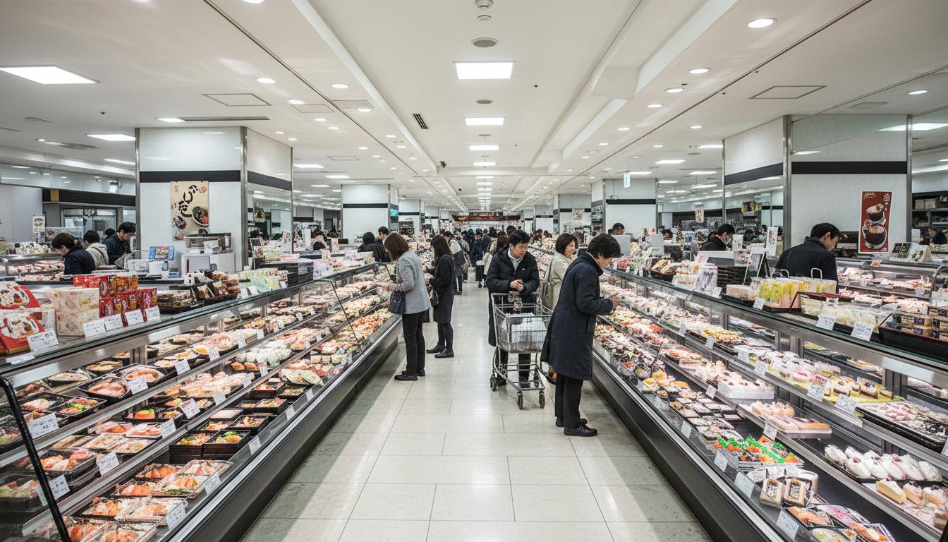 Japanese department store basement food hall with endless displays of bento boxes and prepared foods