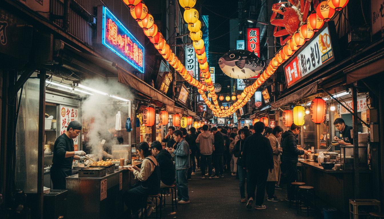 Crowded Dotonbori street in Osaka at night with neon signs and street food stalls