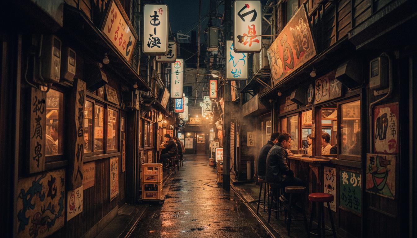 Golden Gai narrow alley in Shinjuku Tokyo with tiny bars crammed together and handmade signs
