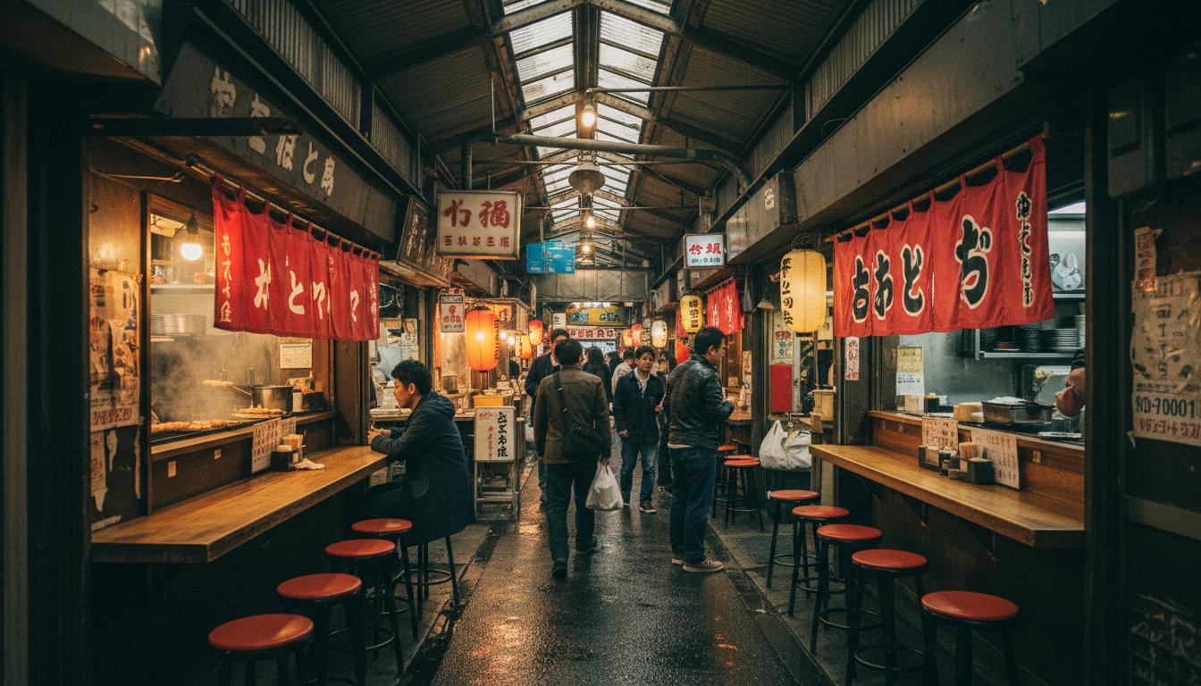 Harmonica Yokocho covered market alley in Koenji with tiny bars and food stalls