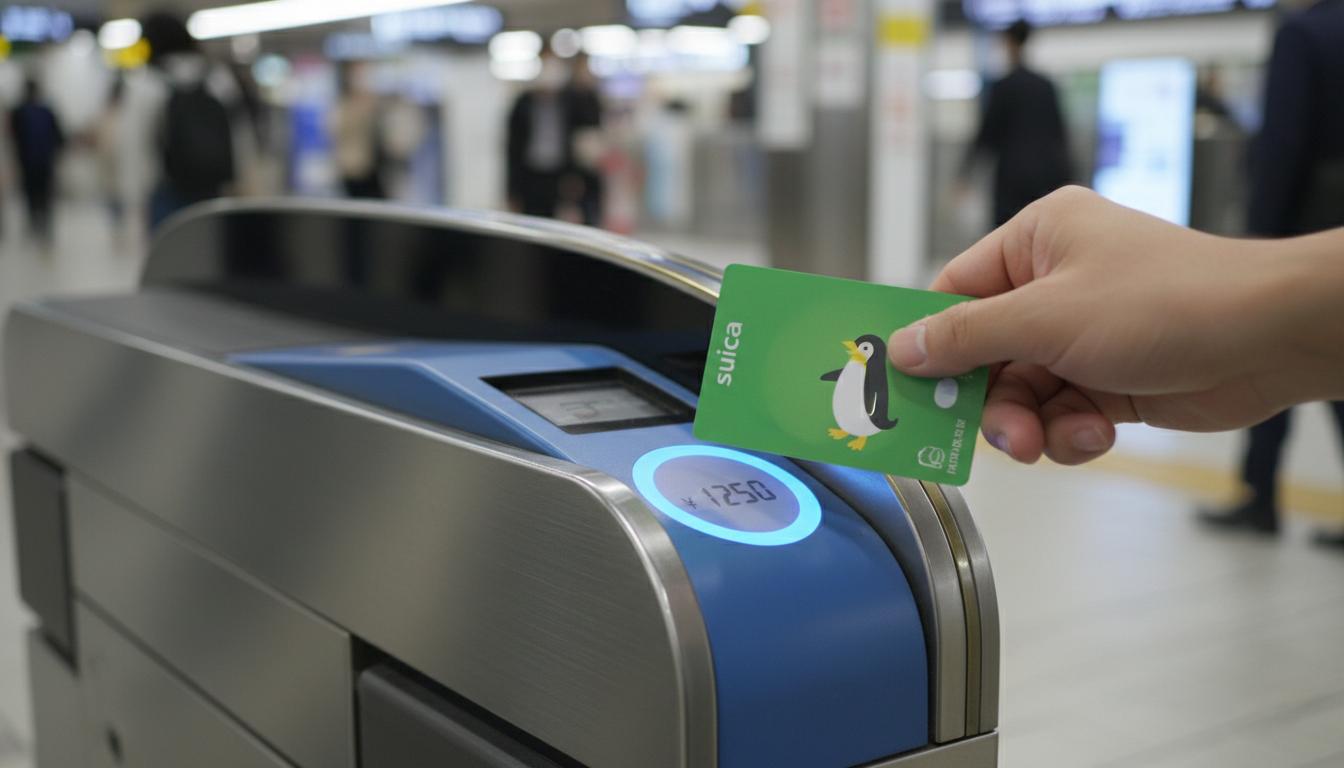 Suica IC card being tapped on a train station gate reader in Tokyo