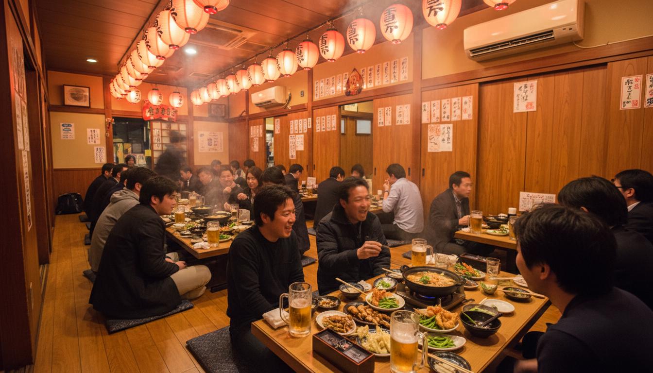 Inside a traditional Japanese izakaya with people eating shared plates and drinking beer