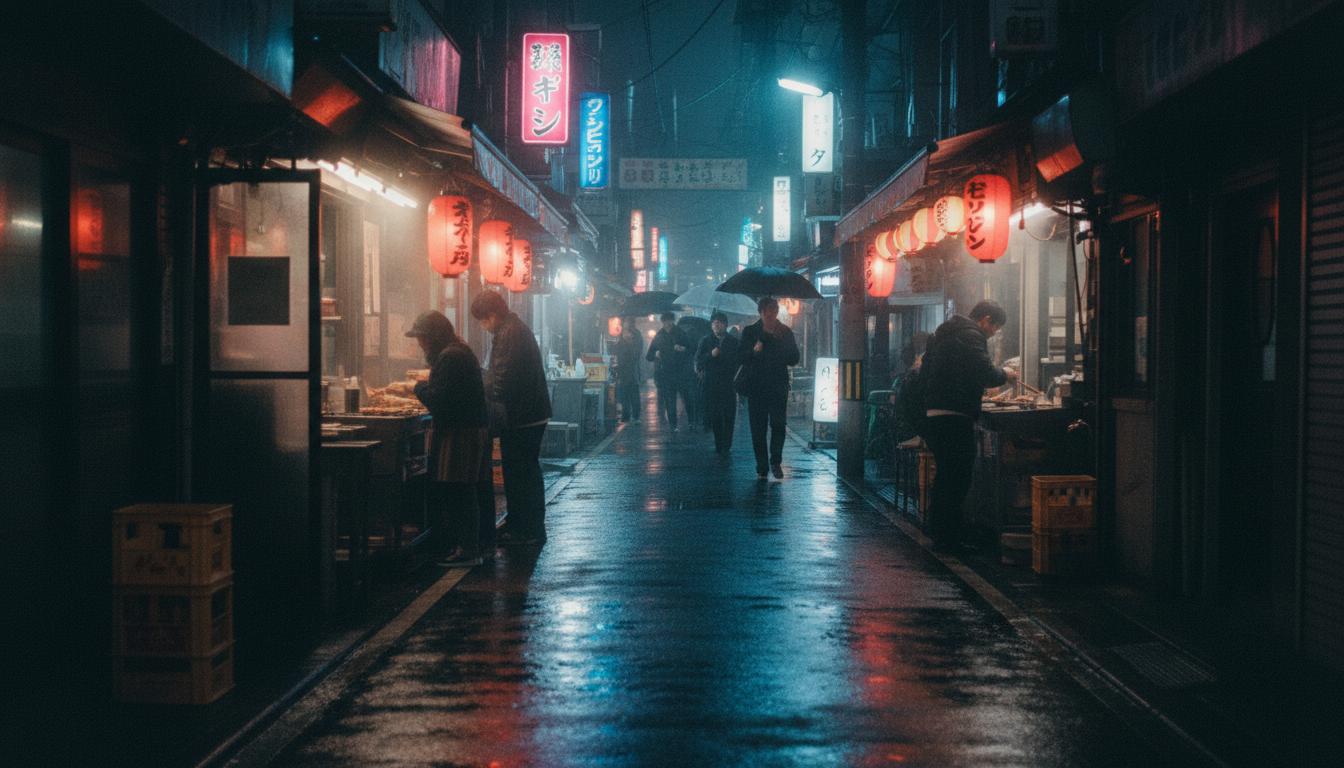 Neon-lit backstreet in Koenji, Tokyo at night with people walking past yakitori shops