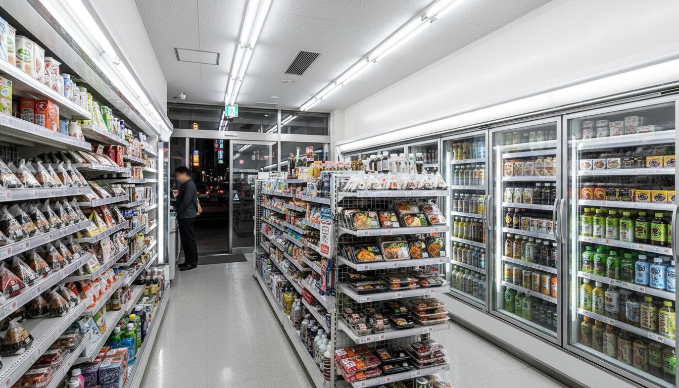 Interior of a Japanese convenience store with shelves of onigiri, bento boxes, and drinks