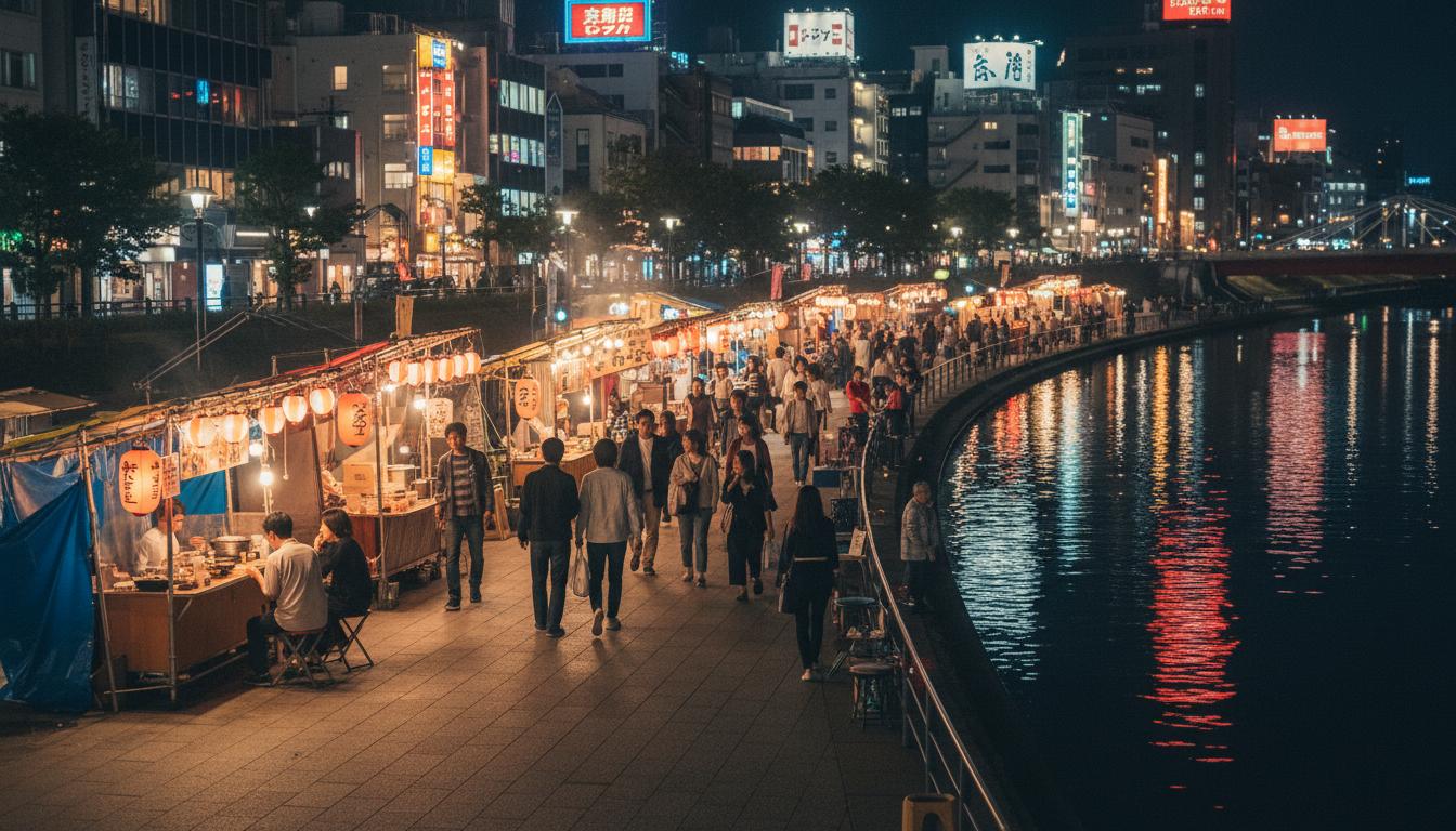 Nakasu riverside district in Fukuoka at night with yatai food stalls and neon reflections on water