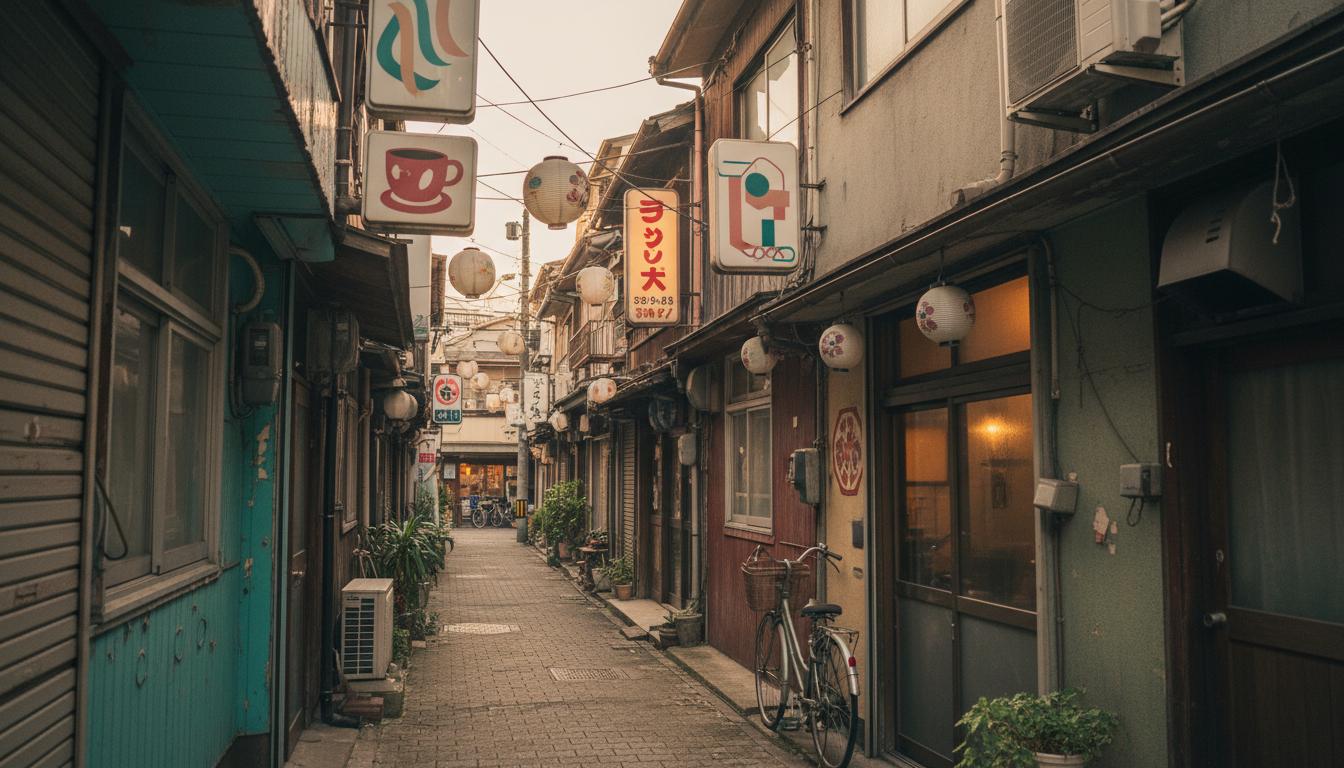 Narrow retro lane in Nakazakicho Osaka with Showa-era signs and old apartment buildings