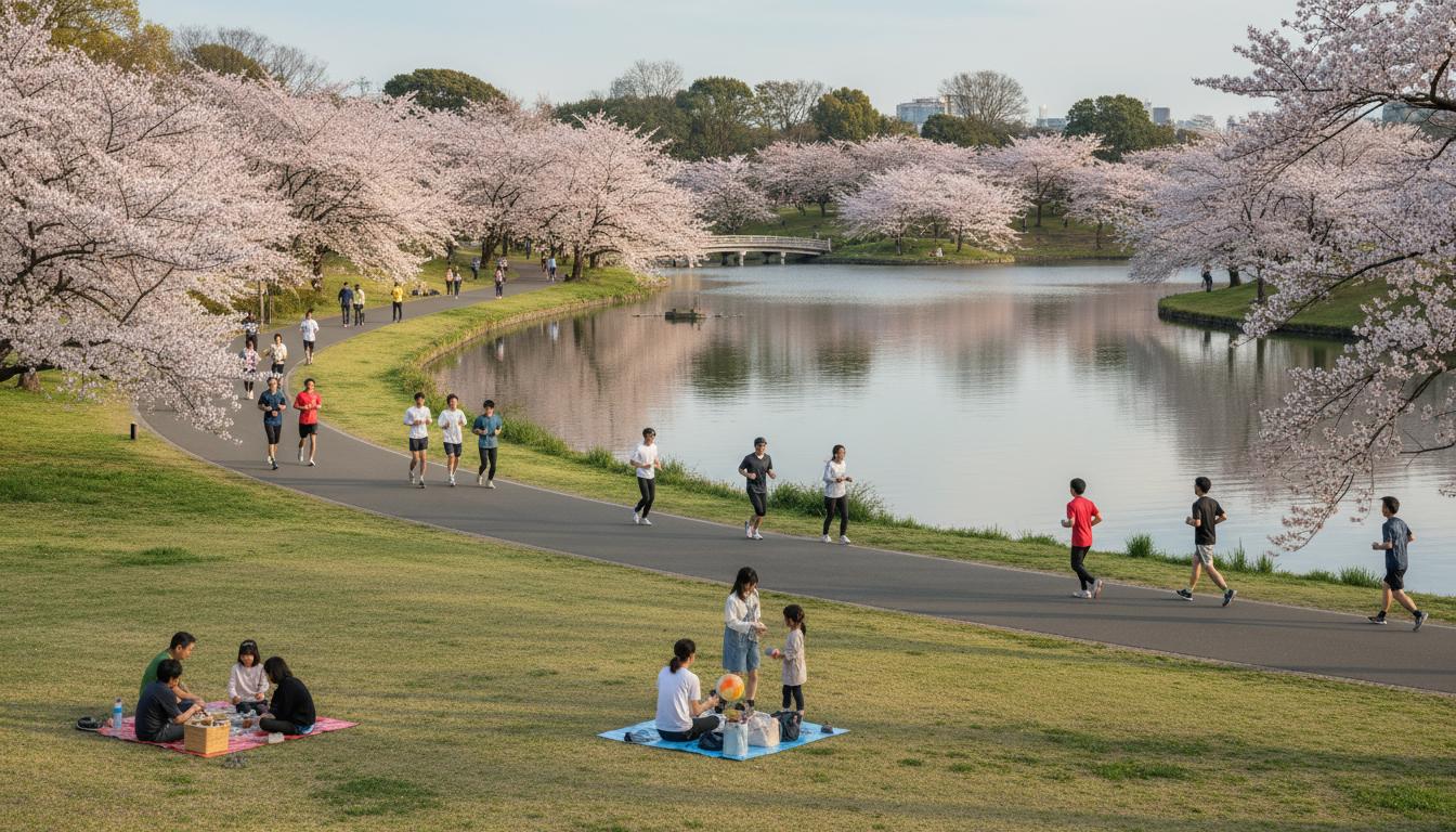 Ohori Park in Fukuoka with people jogging along the lake path, cherry blossoms, and families picnicking
