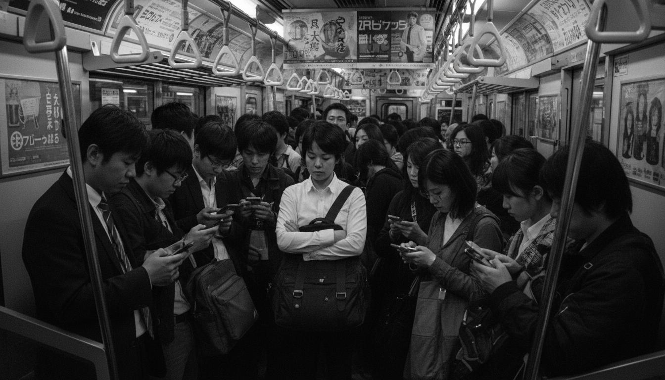 Packed Tokyo subway train during rush hour with commuters pressed together