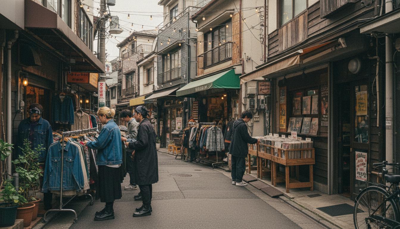 Narrow street in Shimokitazawa with vintage clothing racks outside shops and string lights overhead