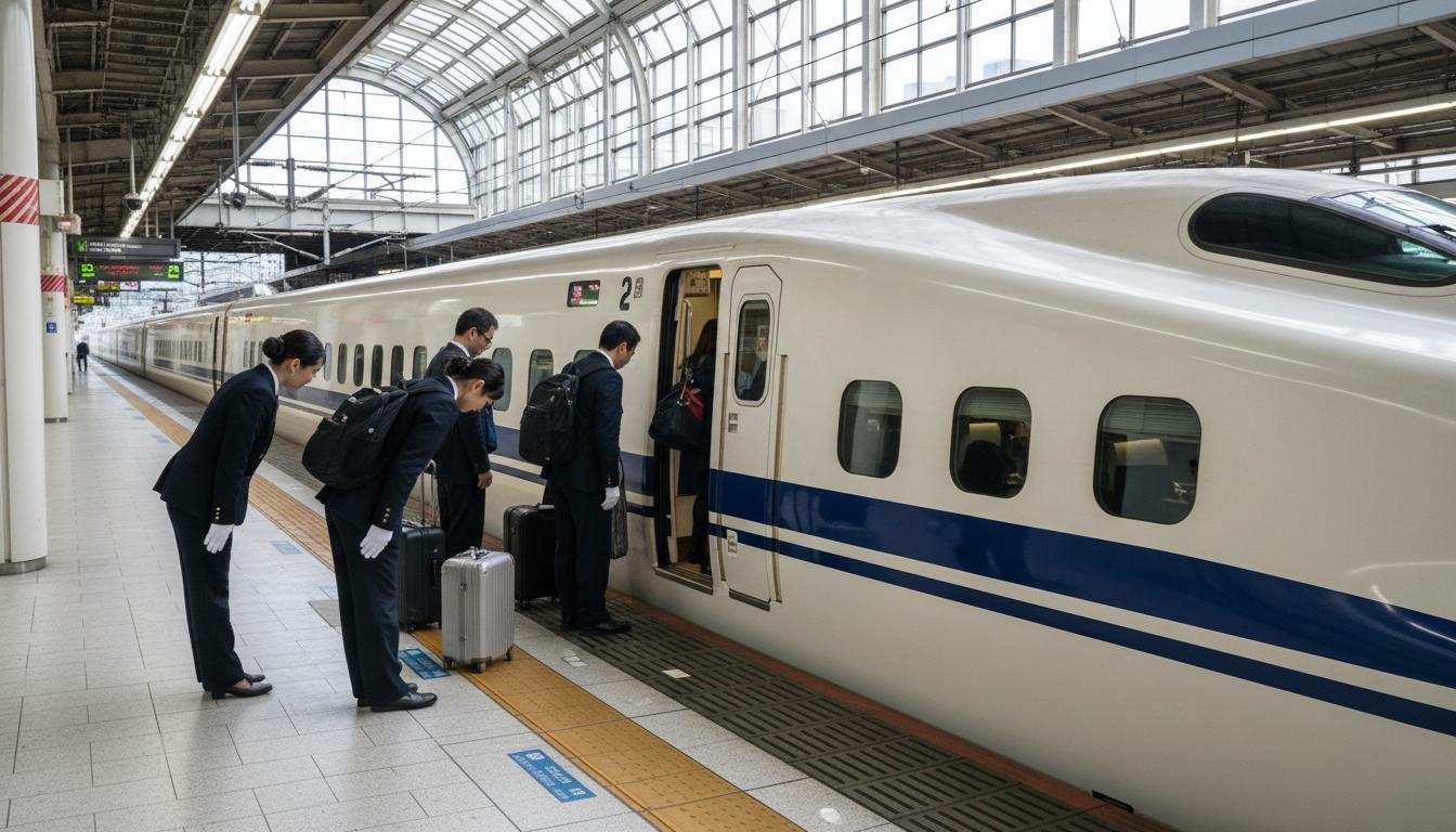 Shinkansen bullet train at platform with passengers boarding and staff bowing