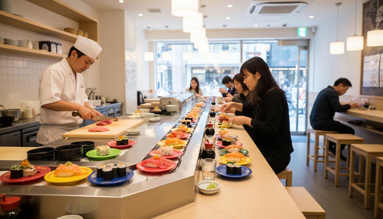 Conveyor belt sushi restaurant with plates of sushi on colored plates moving along the counter