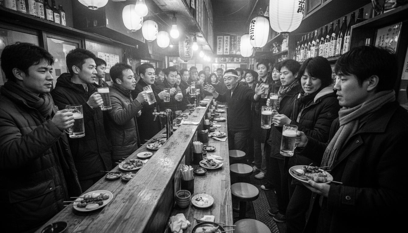 Crowded standing bar in Japan with people drinking beer at a long counter