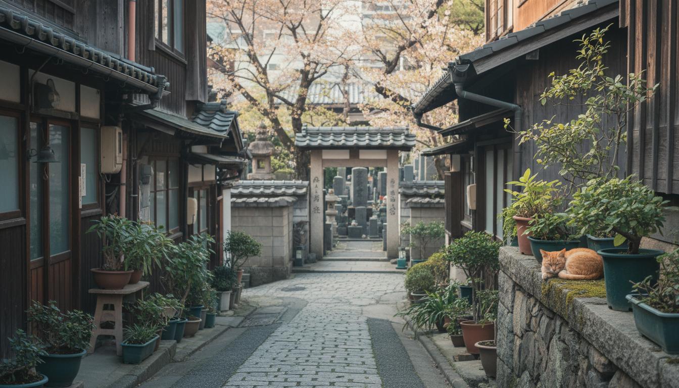 Quiet narrow lane in Yanaka with traditional wooden houses, potted plants, and a cat sleeping on a wall