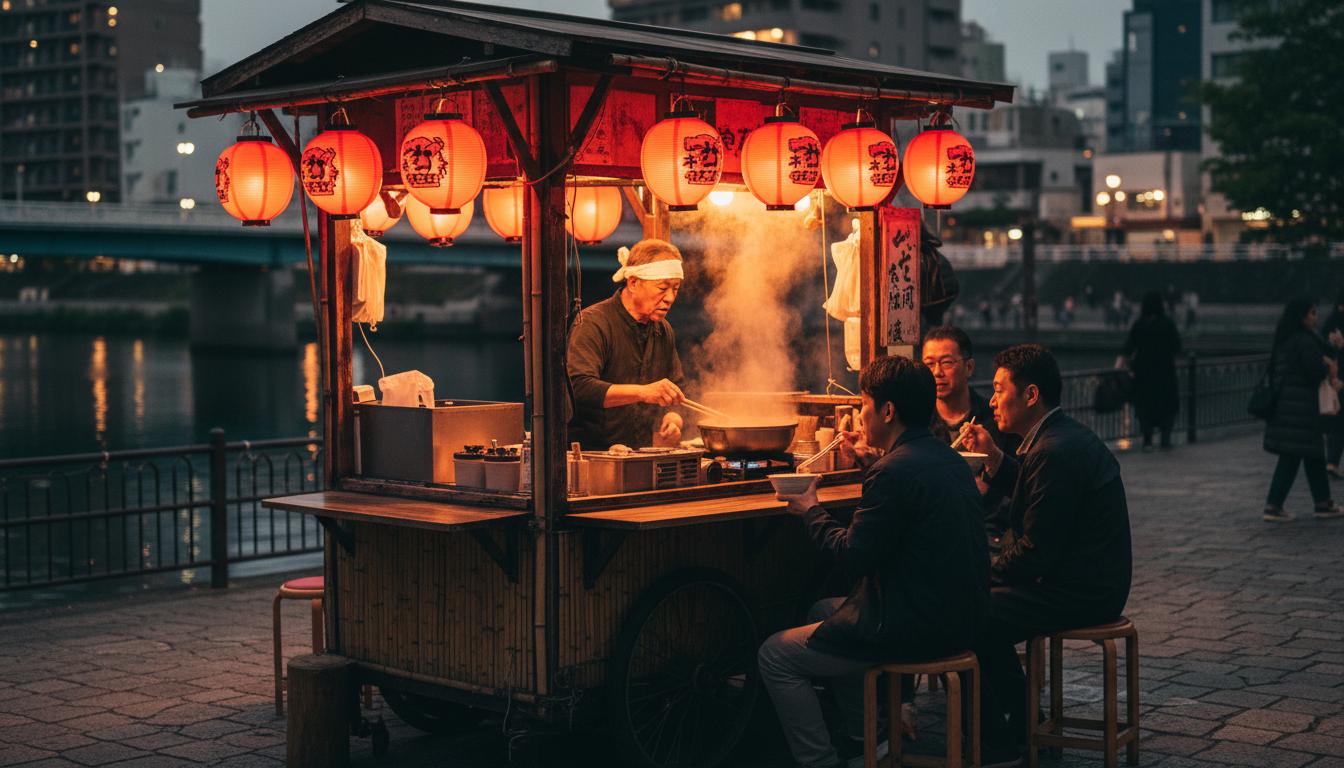 Traditional yatai food stall in Fukuoka at dusk with customers eating and warm lanterns